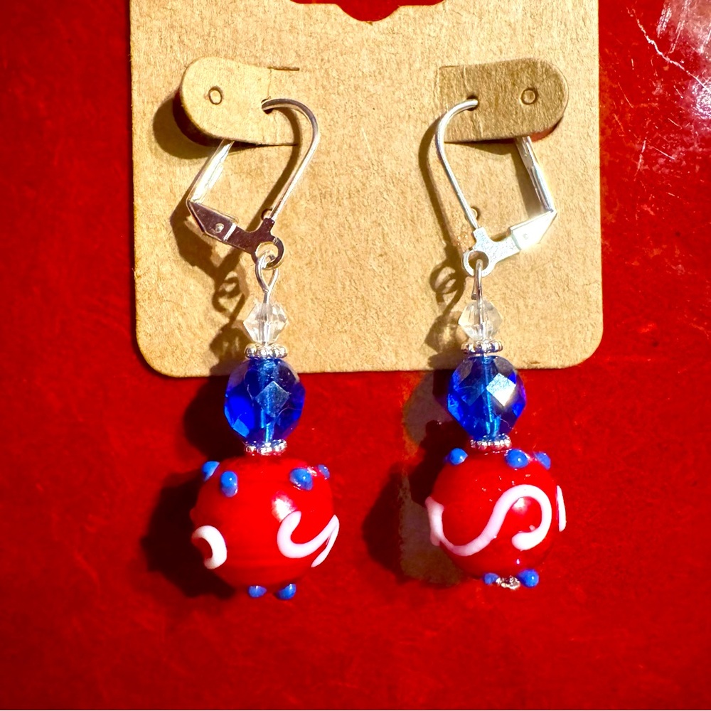 NEW Hand Crafted Red White & Blue Lampwork Glass Pierced Earrings